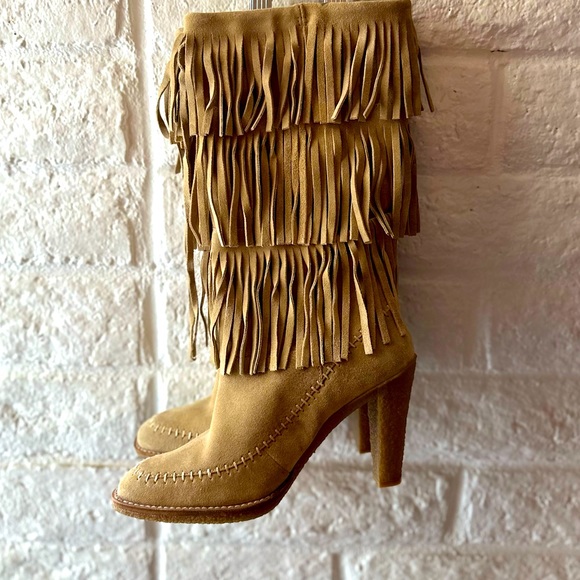 Michael Kors Boots Suede Fringe Sz 7.5M Tan High Heel Almond Toe - Picture 1 of 8